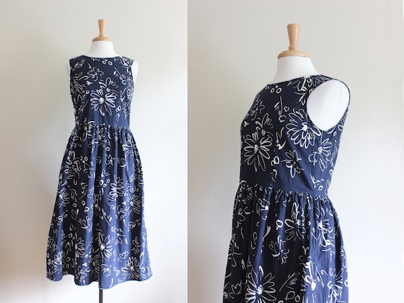 Vintage 1990s Navy & White Floral Cutout Back Midi