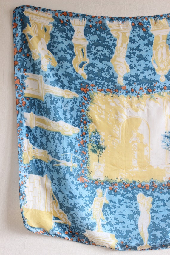 Vintage Yellow & Teal Roman Statues Silk Scarf - image 3