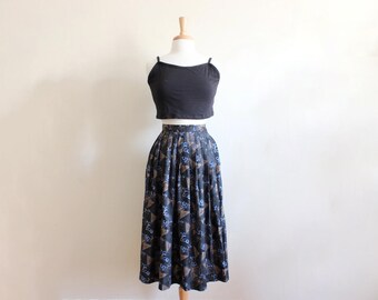 Vintage Black, Blue & Bronze Abstract Print Pleated Midi Skirt