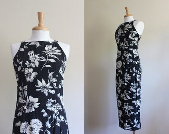 Vintage 1990s Navy Blue & Grey Floral Column Dress