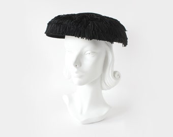 Vintage 1950s Carol Black Fringe Saucer Hat