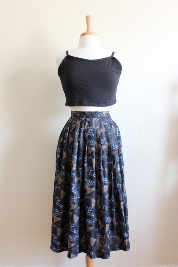 Vintage Black, Blue & Bronze Abstract Midi Skirt - image 3