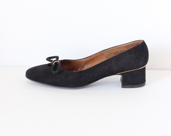 Vintage Evins Black Suede Low Block Heel Pumps, size 7