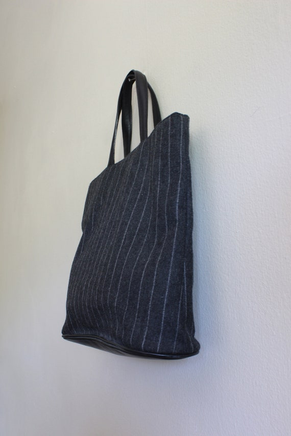 Vintage Grey Pinstripe Wool & Black Leather Short… - image 5