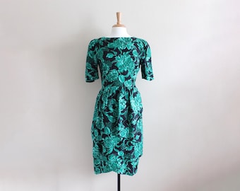 Vintage Short Sleeve Green & Black Floral Print Silk Dress