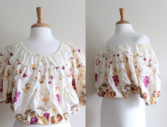 Vintage 1970s Fruit Print Blouson Crop Top