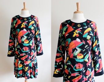 Vintage Black & Multicolor Abstract Long Sleeve Drop Waist Dress