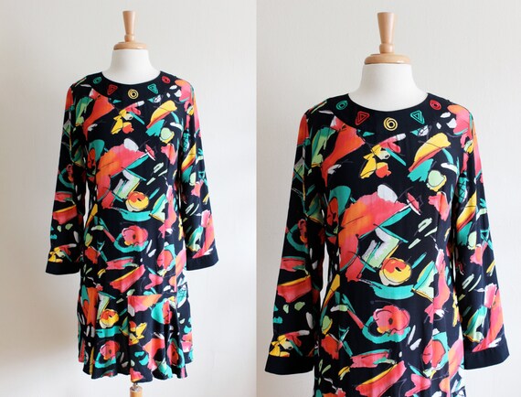Vintage Black & Multicolor Abstract Long Sleeve D… - image 1