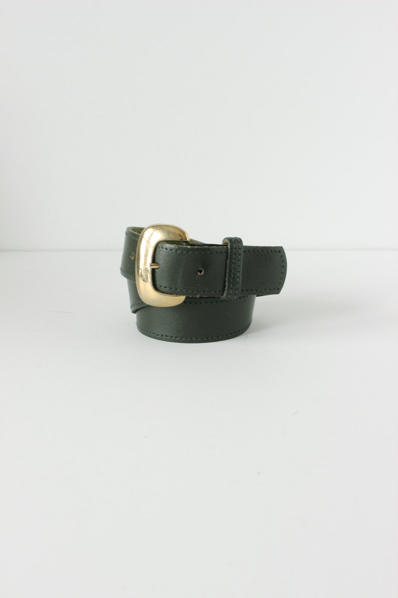 Vintage Dark Green Leather Belt with Gold Tone Buckle image 6