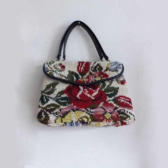 1950s Bag / Vintage Jana Top Handle Floral Carpet