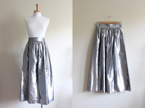 Vintage 1980s Metallic Silver Lamé Midi Skirt