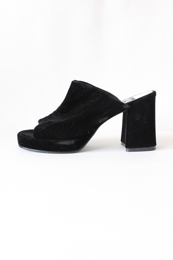 Vintage 1990s Black Velvet Block Heel Slides, size