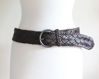 Vintage Lillie Ruben Brown Leather Woven Belt with Round Buckle