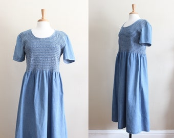 Vintage 1990s Short Sleeve Smocked Denim Dress