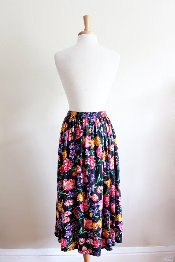 Vintage Black & Multicolor Floral 100% Silk Midi … - image 7