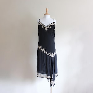 Vintage Y2K Silver Beaded Black Chiffon Asymmetrical Dress