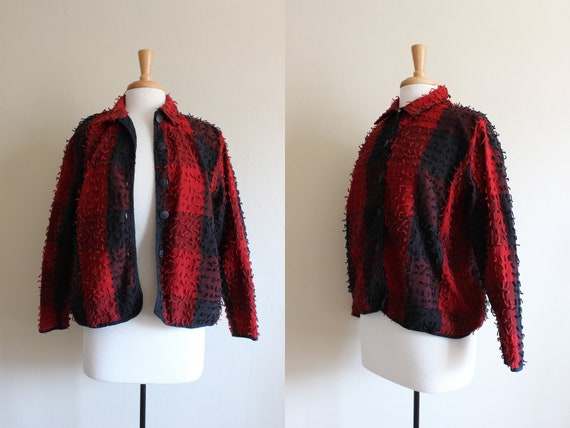 Vintage Red & Black Buffalo Plaid Fringe Boxy Jacket