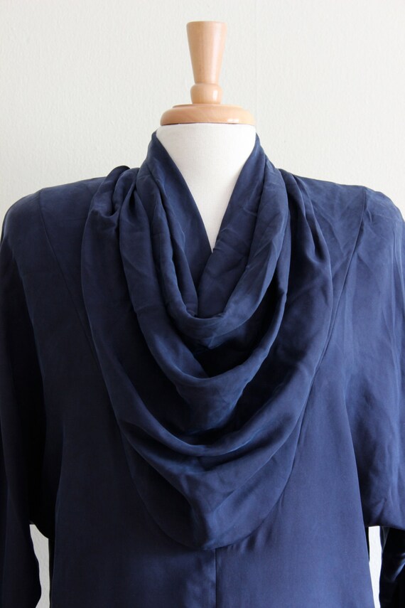 Vintage 1980s Long Sleeve Navy Blue Draped Silk D… - image 4