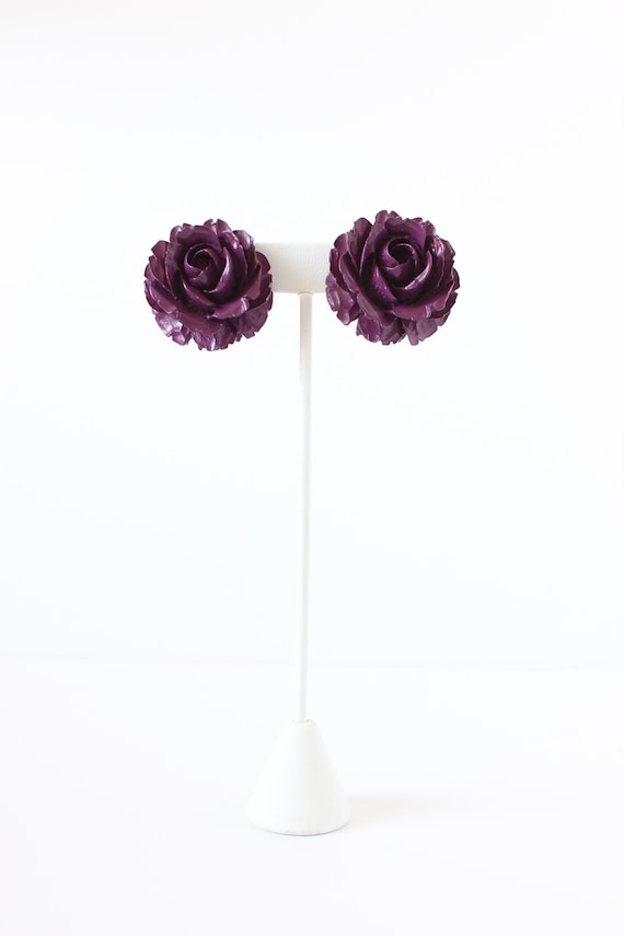 Vintage Large Wooden Purple Rose Earrings