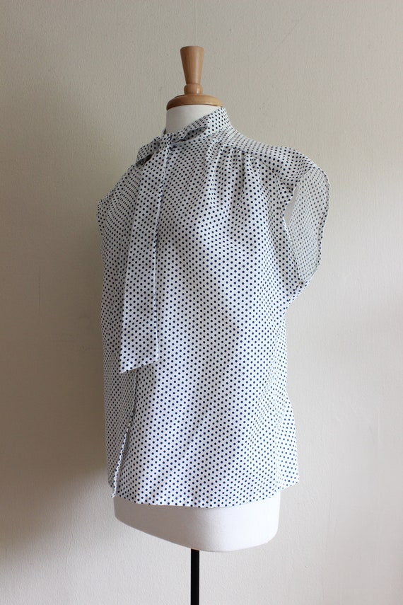 VIntage 1970s Navy & White Polka Dot Tie Neck Top - image 7