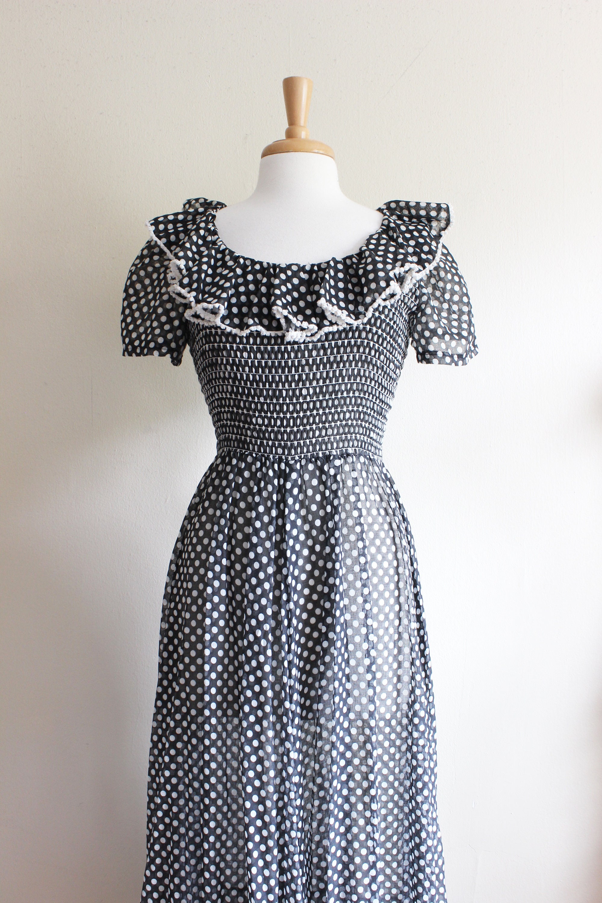 Vintage 1960s Sheer Black Polka Dot Ruffled Maxi Dress | Etsy