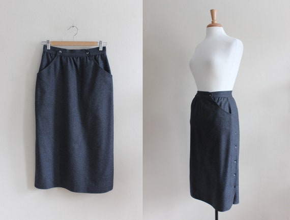 Vintage 1970s Charcoal Grey Wool Pencil Skirt