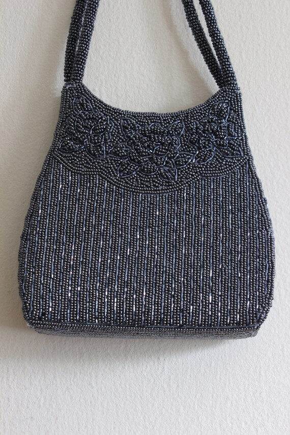 Vintage Gunmetal Grey Beaded Double Handle Bag - image 3