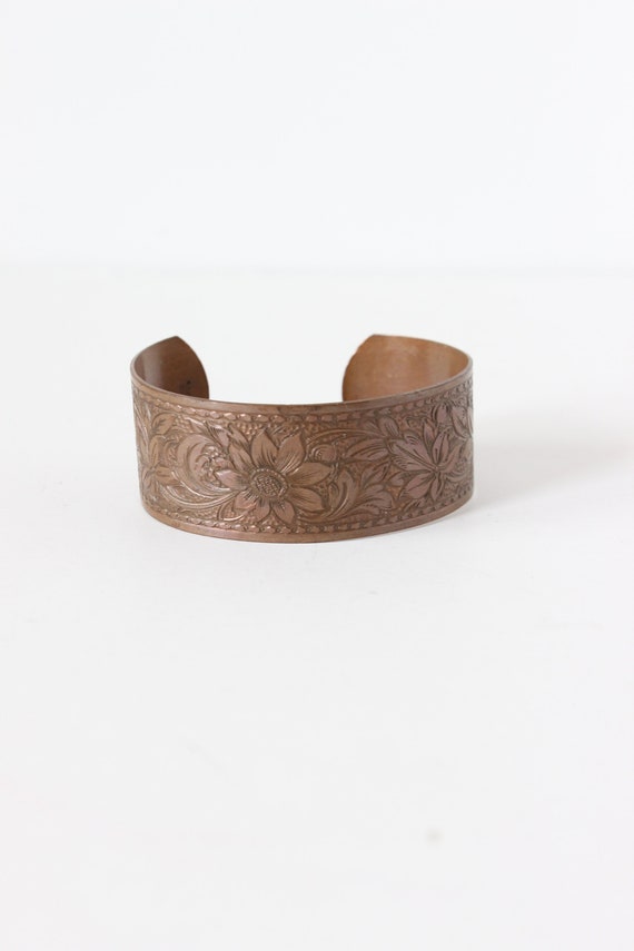 Vintage 1970s Solid Copper Tooled Cuff Bracelet - image 1