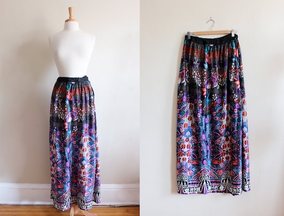 1960s Skirt / Vintage Pink, Purple & Black Floral… - image 1