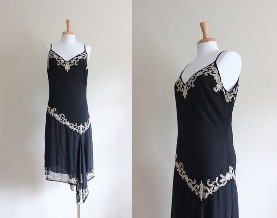 Vintage Y2K Silver Beaded Black Chiffon Asymmetri… - image 1