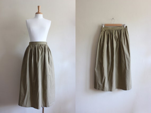 Vintage 1980s Khaki Cotton Full Midi Skirt - image 1