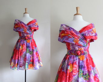 Vintage Red & Purple Floral Off The Shoulder Party Dress