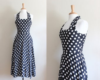 Vintage 1980s does 1950s Style Black Polka Dot Midi Dress