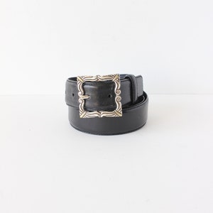 Vintage Fossil Black Leather Belt with Square Silver Tone Buckle
