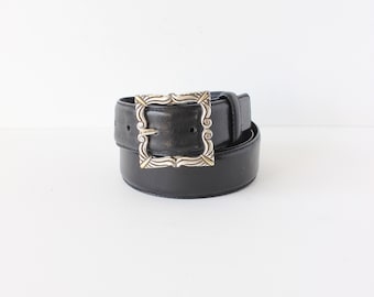 Vintage Fossil Black Leather Belt with Square Silver Tone Buckle