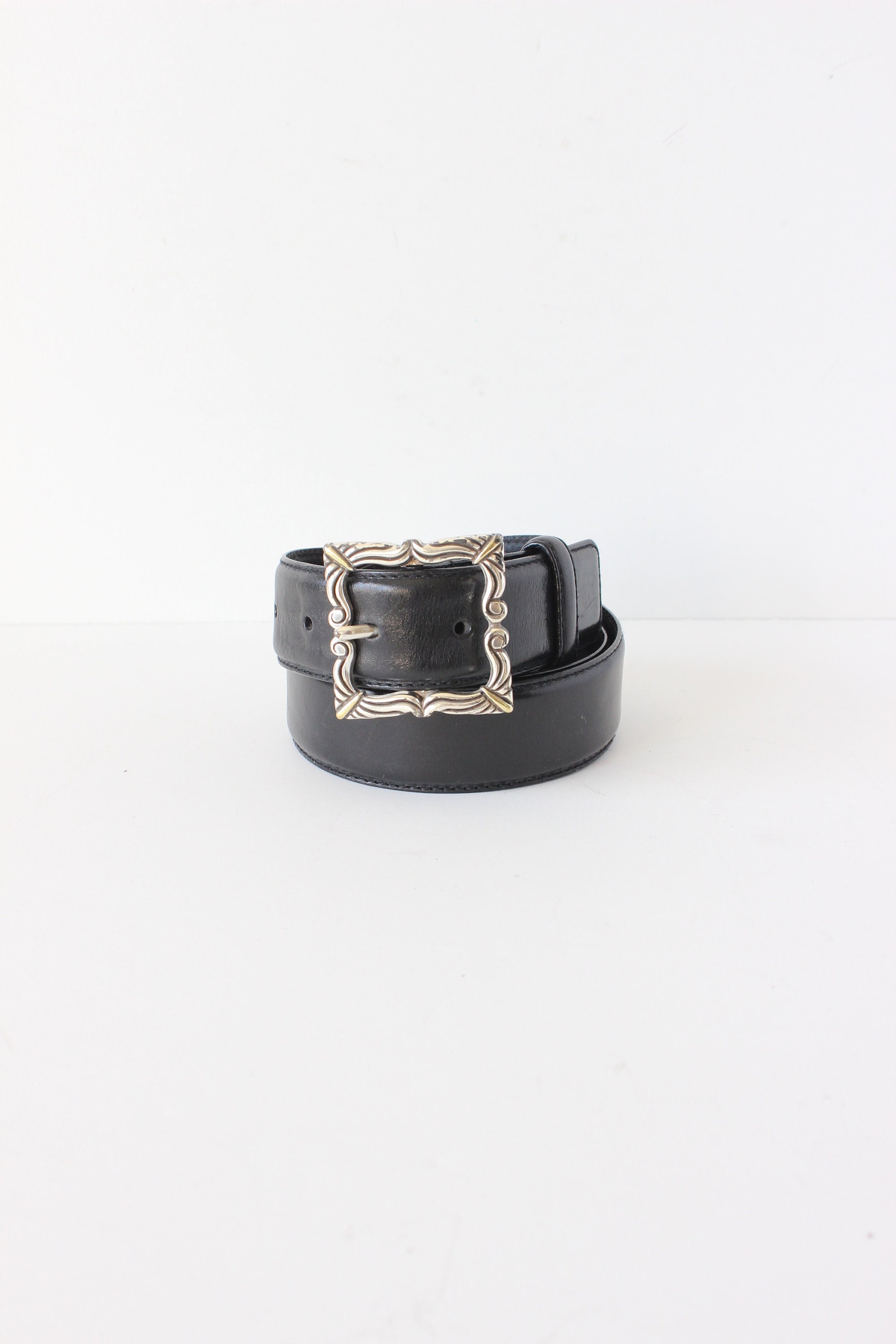 Fossil Black Genuine Leather Belt Adult Sz 36 Silver Square Buckle W1.5\