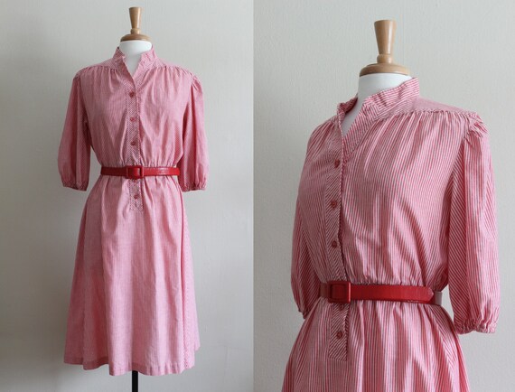 Vintage 1970s Red & White Stripe Belted Shirtdress - image 1