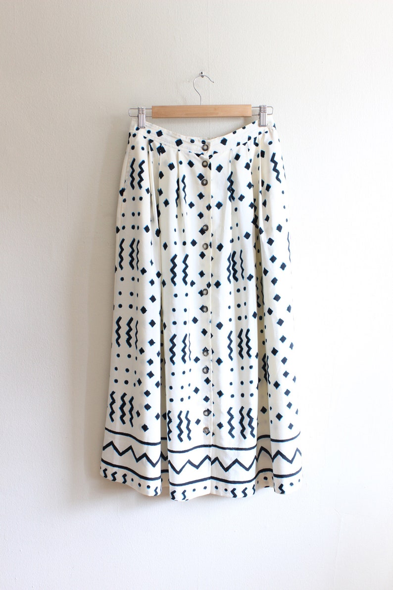 Vintage Counterparts White Black and Blue Print Midi Skirt