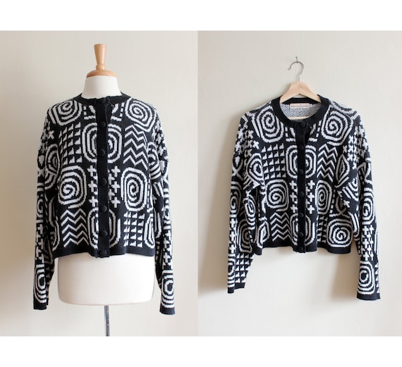 Vintage Black & White Graphic Knit Cardigan Sweat… - image 1