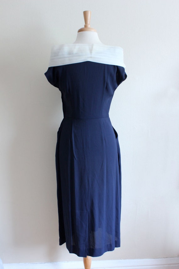 Vintage 1950s White Pleated Organza Collar Navy B… - image 5