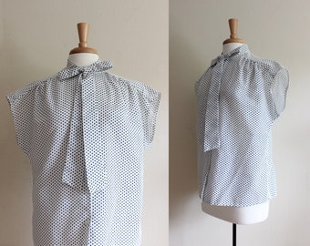 VIntage 1970s Navy & White Polka Dot Tie Neck Top