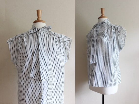 VIntage 1970s Navy & White Polka Dot Tie Neck Top - image 1