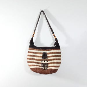 Vintage Brown and White Stripe Woven Sisal & Suede Shoulder Bag