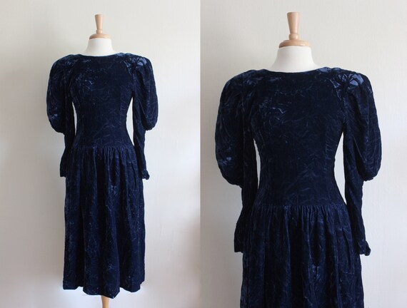 Vintage Puff Sleeve Navy Blue Crushed Velvet Dress - image 1