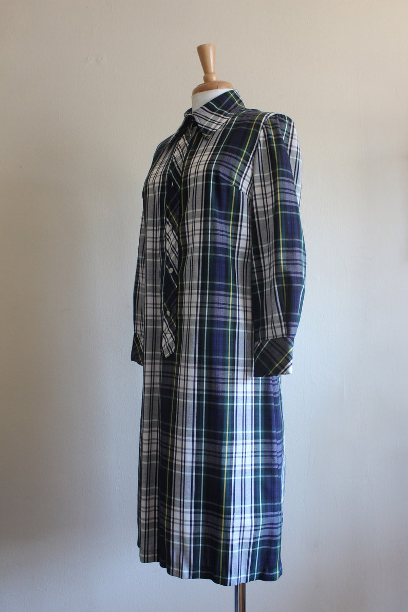 Vintage 1960s Navy, Green & White Plaid Long Sleeve Shirtdress image 6