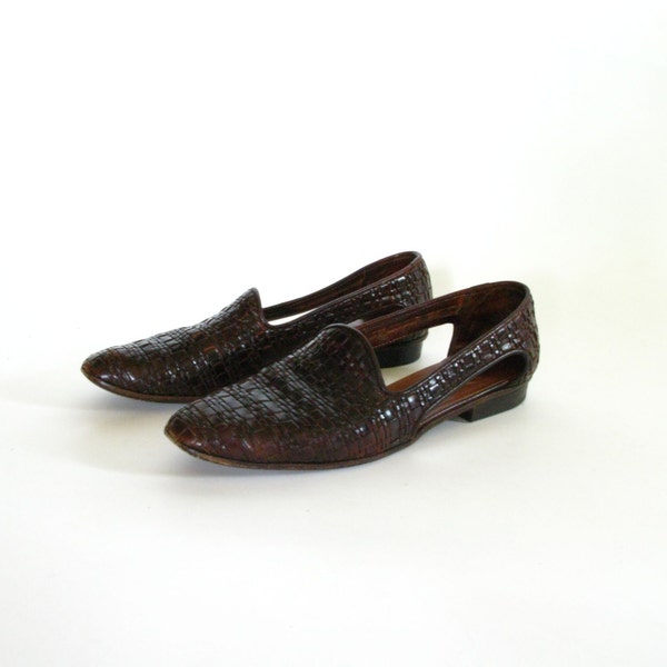 Vintage Brown Leather Woven Loafers with Cutouts - size 8.5N