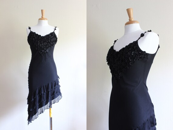 Vintage Black Silk Chiffon Embellished Asymmetrica
