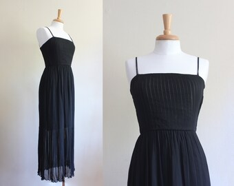 Vintage 1970s Joan Leslie Pintuck Pleat Black Chiffon Dress