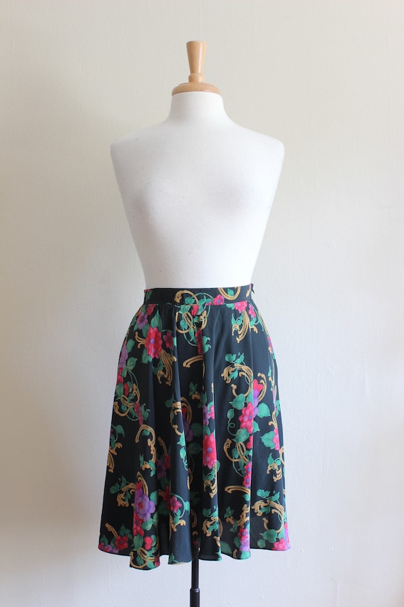 Vintage Black Floral 100% Silk Mini Skirt - image 2