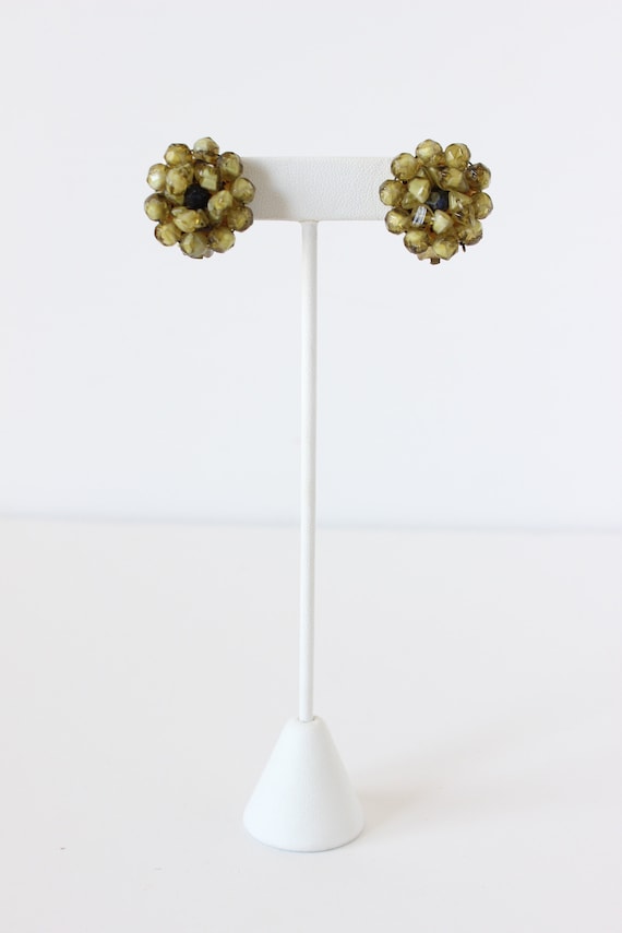 Vintage 1950s Olive Green Glass Bead Cluster Earri